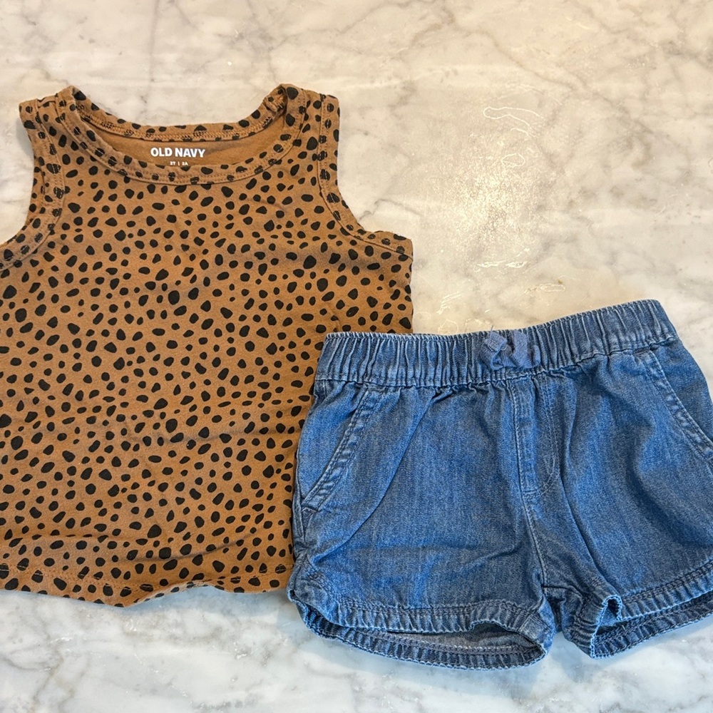 2T Leopard Print Tank and Denim Shorts